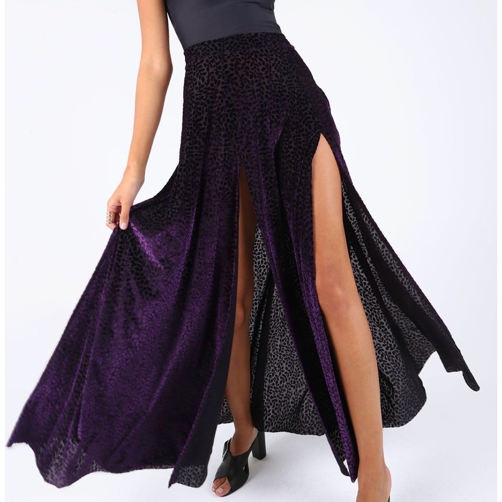 Burned velvet violent vines split maxi skirt